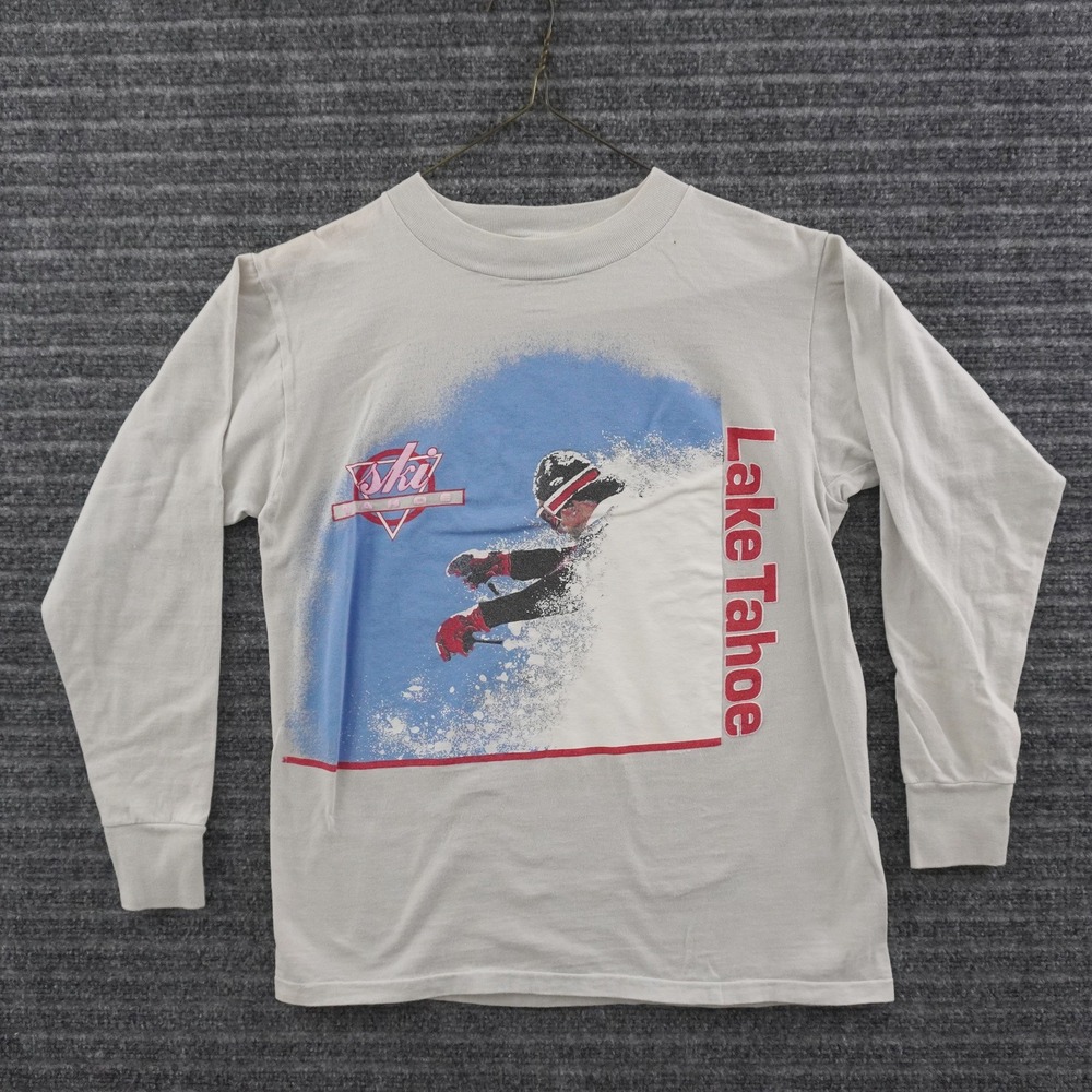 Vintage 90s Oneita Lake Tahoe Ski Long Sleeve T-Shirt Mens M Gray Graphic